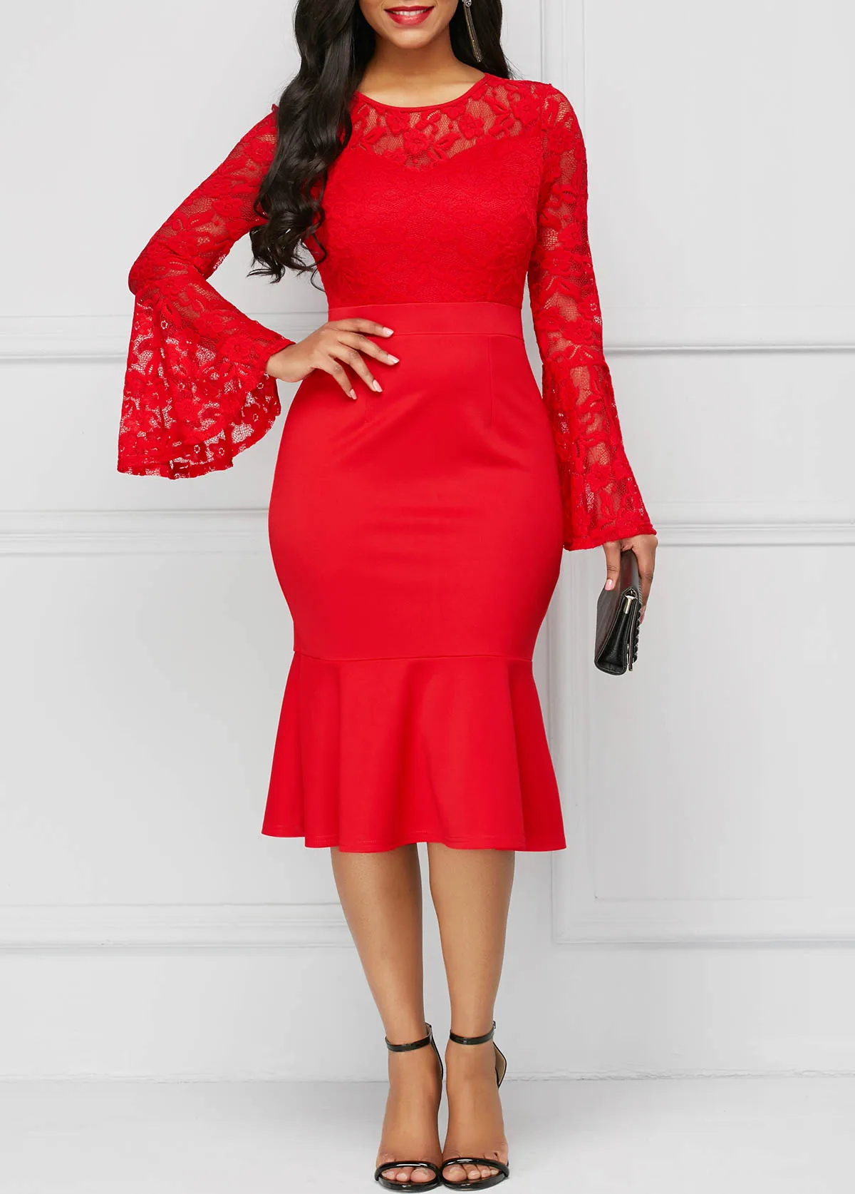 Женское Ретро Кружевное платье с расклешенными рукавами, тонкое формальное платье русалки, женское платье с круглым вырезом, винтажное красное платье-футляр для вечеринки, облегающее платье