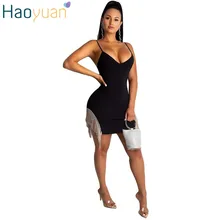 HAOYUAN сексуальное платье с кисточками для женщин Vestidos Спагетти ремень Bodycon бахрома Мини платья осень Белый Черный Клубная одежда Вечерние платья