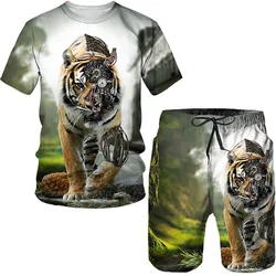 Lion King – T Shirt + Short imprimé en 3D pour hommes, vêtements de sport surdimensionnés à manches courtes, vêtements de course et de Fitness 