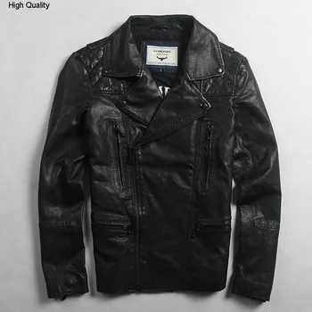

Avirexmen men's fashion slim fit genuine leather jacket with letter black goat skin Oblique zipper biker jacket men leather coat