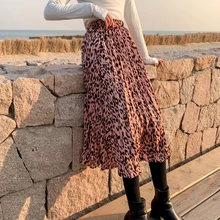 Женская плиссированная юбка с леопардовым принтом, высокая талия, эластичная талия, Модные осенние женские длинные юбки