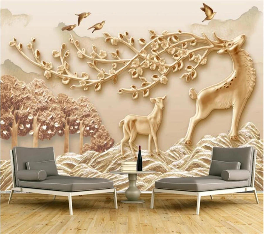 

Custom wallpaper 3d mural new Chinese HD embossed forest sika deer TV background wall papers home decor papel de parede