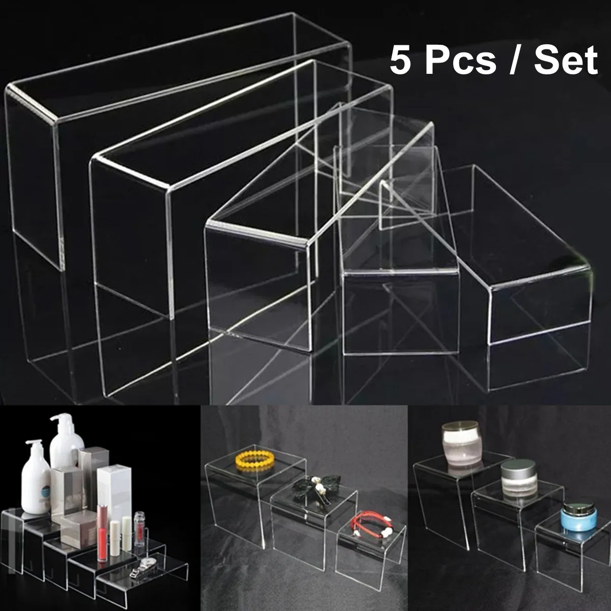 5Pcs Set Acrylic Clear Perspex Sturdy Jewellery Display Riser Stand Showcase y 