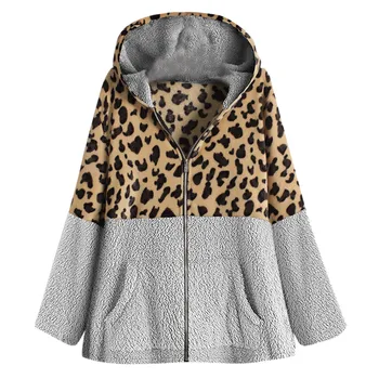 

Autumn Winter Women Leopard Fleece Coat Patchwork Long Sleeves Cardigan Zipper Warm Women Hooded Jacket Overcoat Outwear