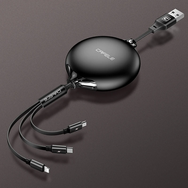Cafele 3 в 1 Выдвижной USB кабель для iPhone 7 X Xs Lightning Кабель Micro usb type C зарядный кабель для samsung S9 мобильный телефон - Цвет: Черный