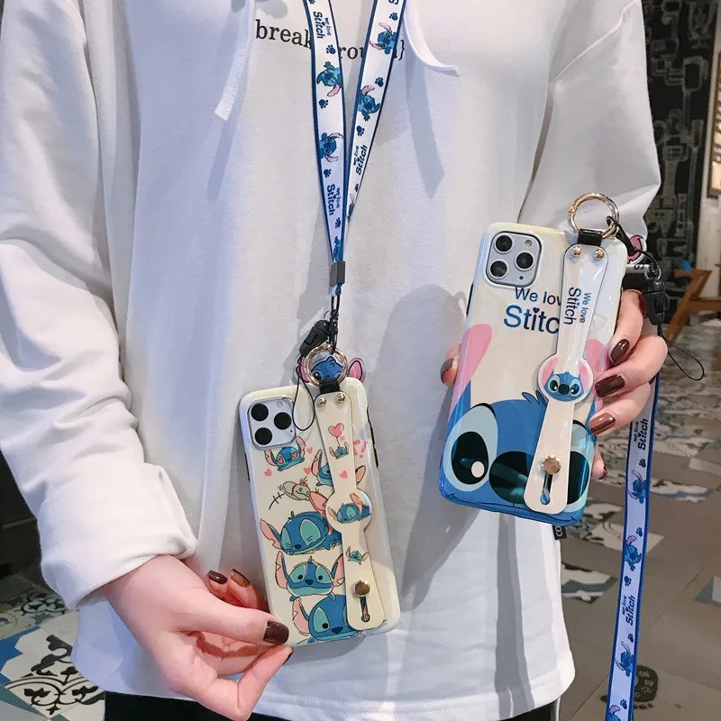Для iphone 11 pro Max милый стежок на запястье мягкий чехол для телефона iphone 11 8plus 7P 6S 6p XR XS Max чехол синий луч+ ремешок