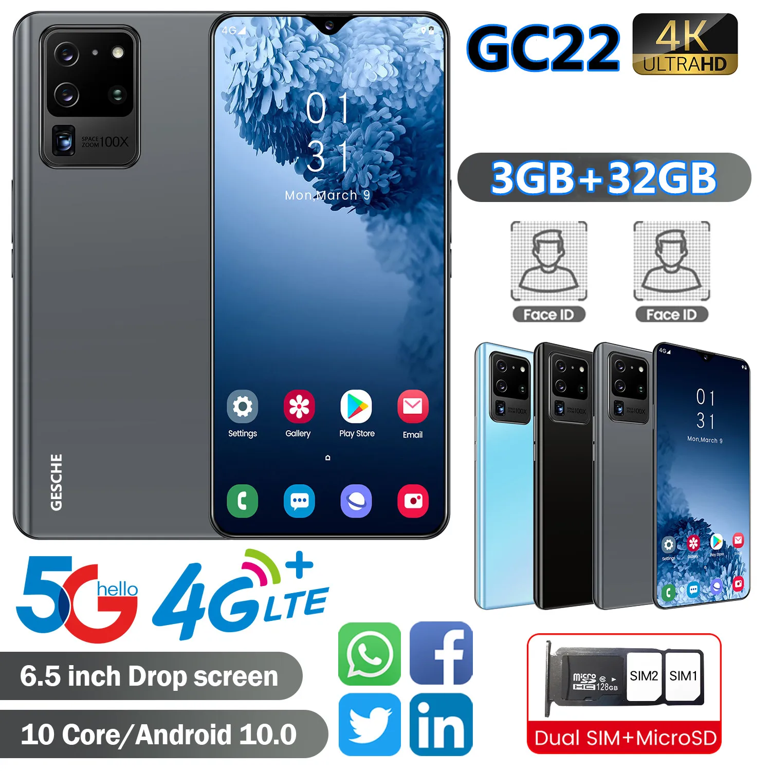 GESCHE GC22 Smartphone AI Kamera 3GB + 32GB Handys 4G LTE Celular 6,5 InchFace anerkennung 4200mAh Android 10 Handy