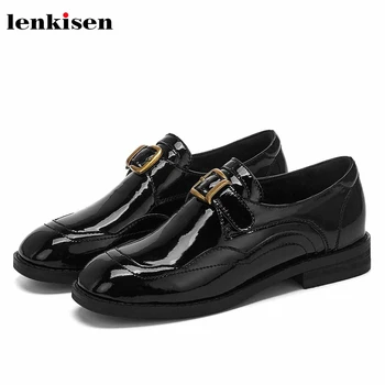

Lenkisen genuine leather handsome belt buckle straps shoes round toe low heels popular new autumn women punk neutral pumps L80