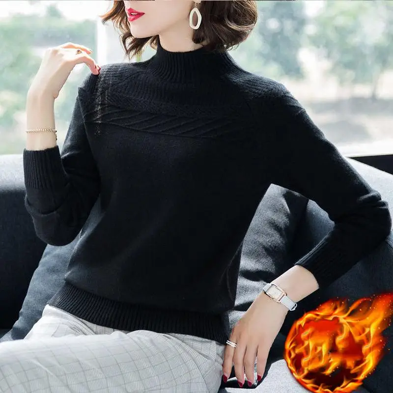 black plus velvet Новые зимние женские свободные утепленные флисовые полуводолазки трикотажные пуловеры свитер женский плюс бархатный трикотаж джемпер Топы X55 - Цвет: black plus velvet