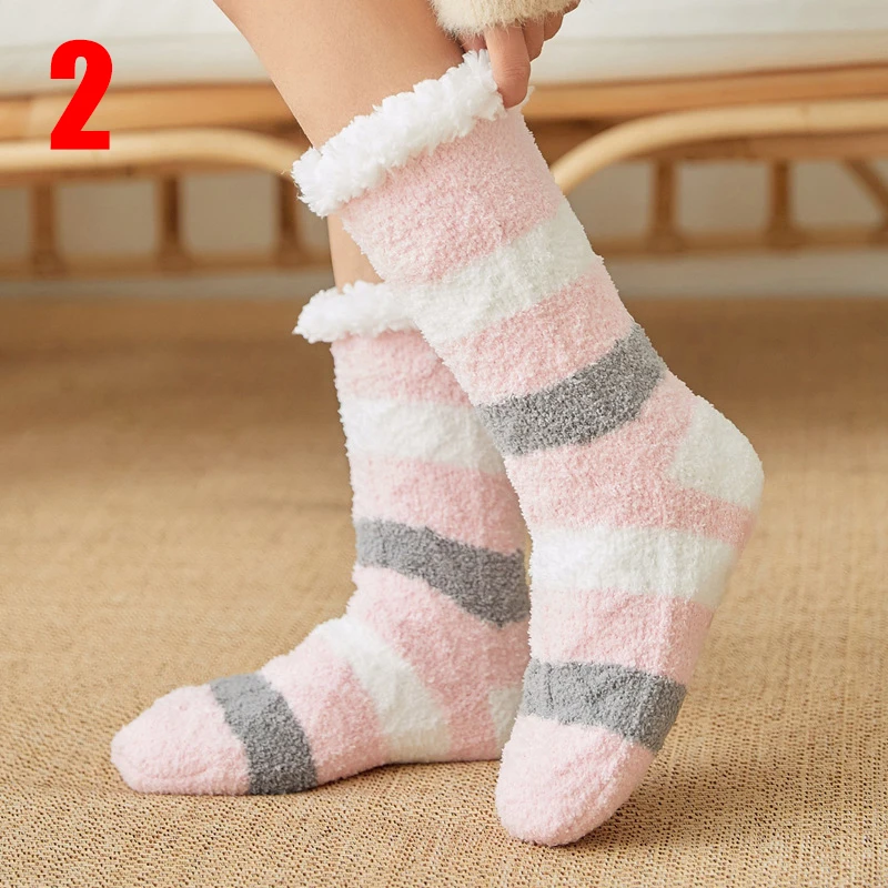 2 1 пара, домашние носки, теплые, плотные, в полоску, эластичные, мягкие, противоскользящие, для зимы, для дома, 19ING - Цвет: 2