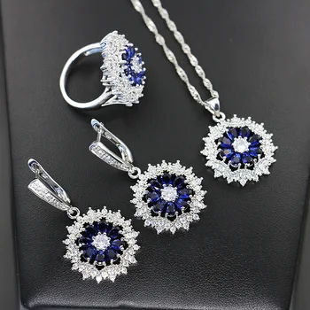 

GZJY 925 Silver Flower Shape Crystal Wedding Rings Earrings Cubic Zirconia Necklace Pendant Jewelry Sets for Women Dance Party