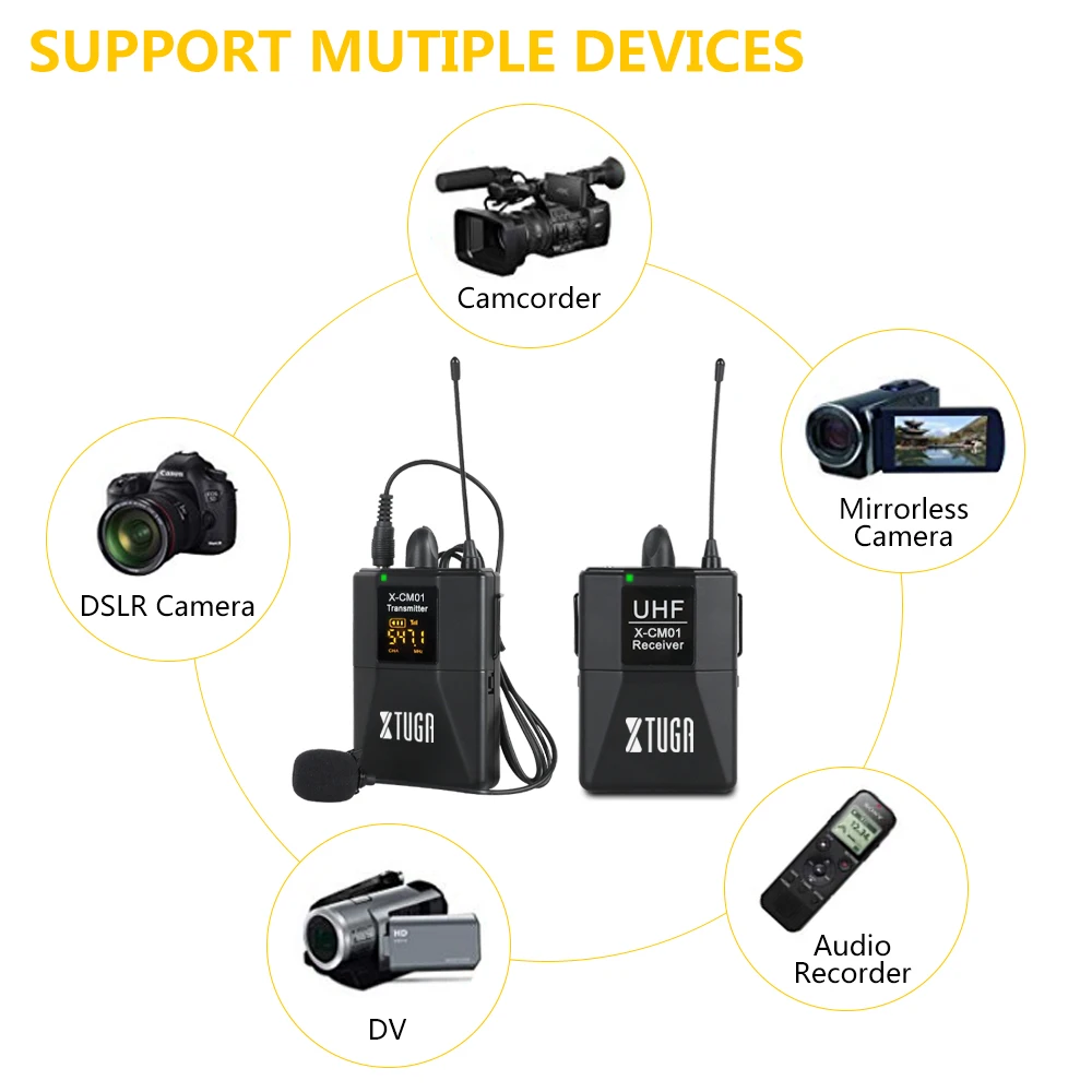 XTUGA UHF Wireless Lavalier Microphone with 16 Channels Come with Two 3.5mm Cables Up to 164ft Range for DSLR Camera Phones