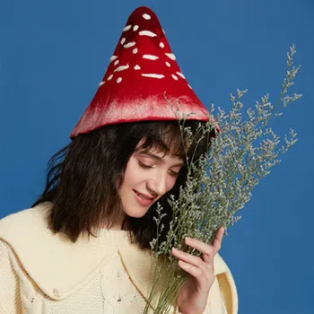 

Winter Cute Mushroom Pot Ladies Hats Warm Wool Fedoras Caps Women Fashion Christmas Gifts Vintage Conical Cap Headdress Handmade