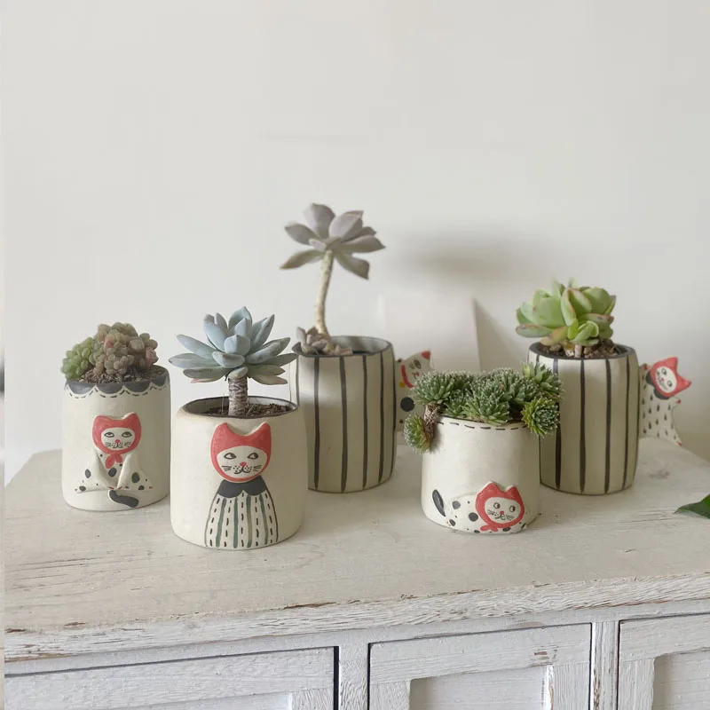 

Nordic Handmade Ceramics Cat Flowe Pot Cartoon Succulent Vase Little Animal Potted Table Cactus Plant Pot Garden Home Decoration