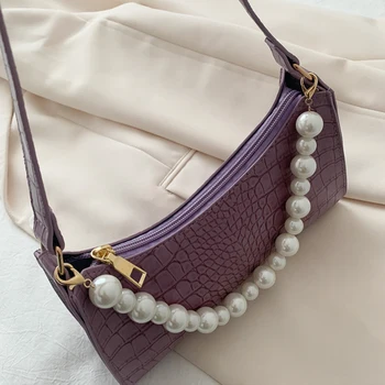 

2020 Crocodile Pattern Baguette Handbag Purse For Woman Ladies Small Shoulder Bags Fashion Pearl Design PU Leather Armpit Bag