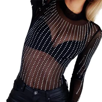 

New Summer Bodysuit Women Sexy Turtleneck Patchwork Long Sleeve Back Ladies Lace Mesh Rhinestone Bodysuit Transparent Tops