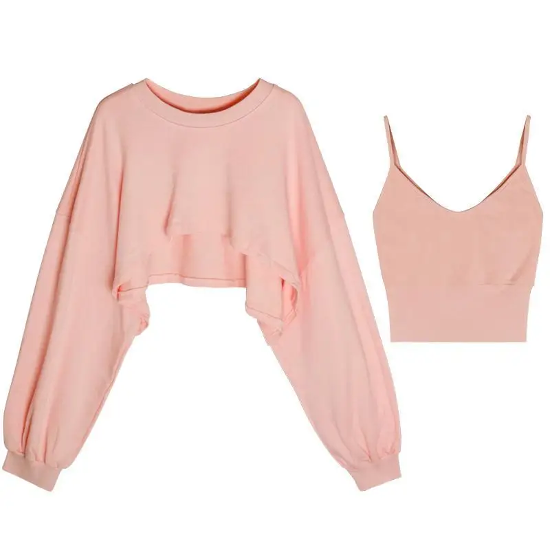 Autumn Sets Women Harajuku Lovely College Girls Crop Top Camisole Basic Simple Loose Ulzzang Workout Teens 2 Piece Outfits Chic pink jogging suit Suits & Blazers