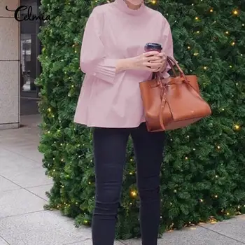 

2020 Celmia Women Long Sleeve Blouses Solid Stand Collar Loose Shirts Casual Tunic Tops Plus Size Ladies Elegant Blusas Feminina