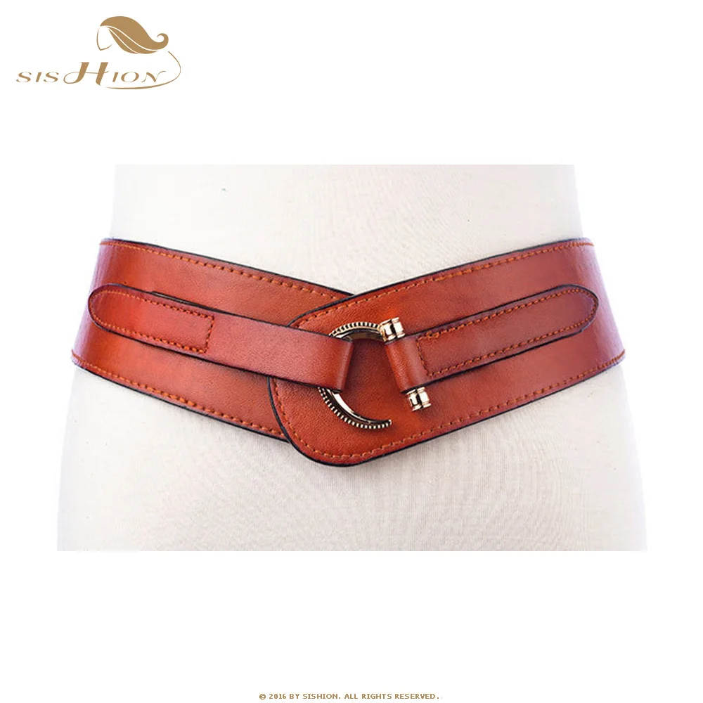 Темно-коричневый SISHION винтажный пояс для женщин VD1215 ceinture femme панк из искусственной кожи черный красный коричневый кофейный эластичный пояс размера плюс - Цвет: Темно-коричневый