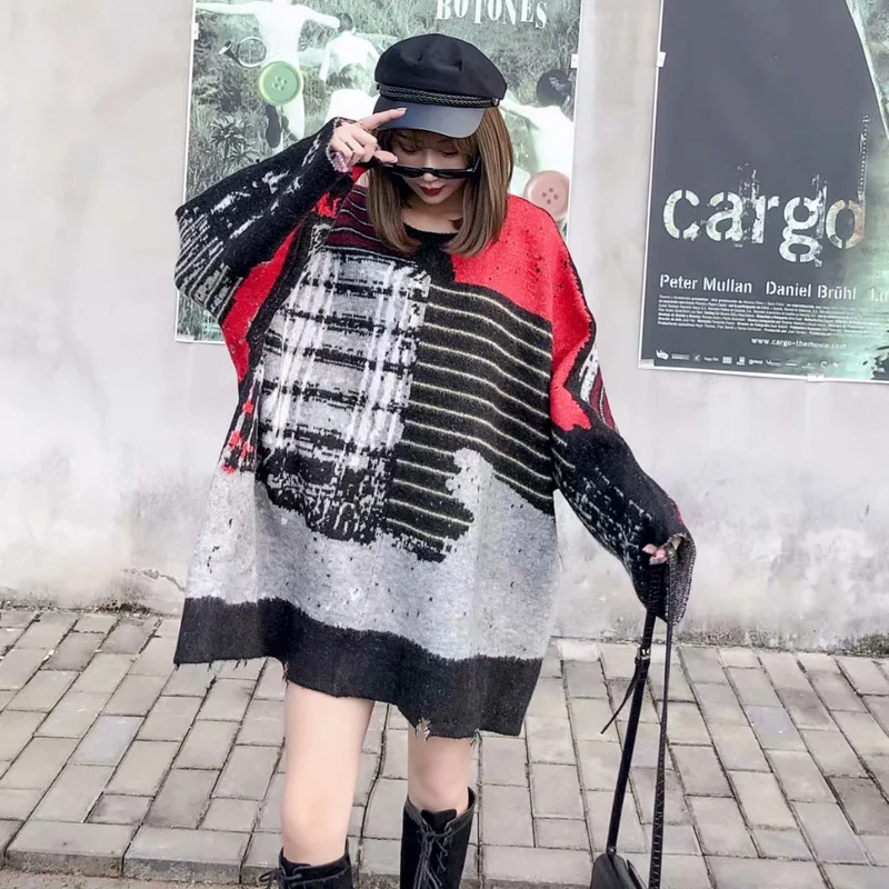 Тайланд Tide бренд г., художественный цвет, контрастная мода, ретро цвет, сочетающийся Свободный Повседневный дикий рукав летучей мыши, ленивый свитер для женщин