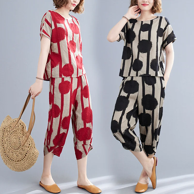 

#1228Two Piece Sets Women Top And Pants suits Summer Polka Dot Printed T Shirts And High Waist Harem Pants Casual Cotton Linen