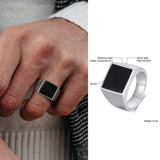 for Men, Stainless Steel Square Signet Ring, Black Enamel Men's Pinky Rings,Gents Jewelry