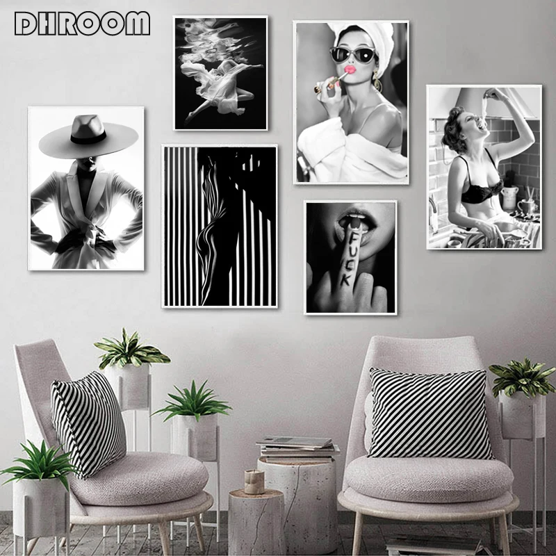 Arte De Pared De Moda Negro Blanco Bajo El Agua Mujer Imprimir