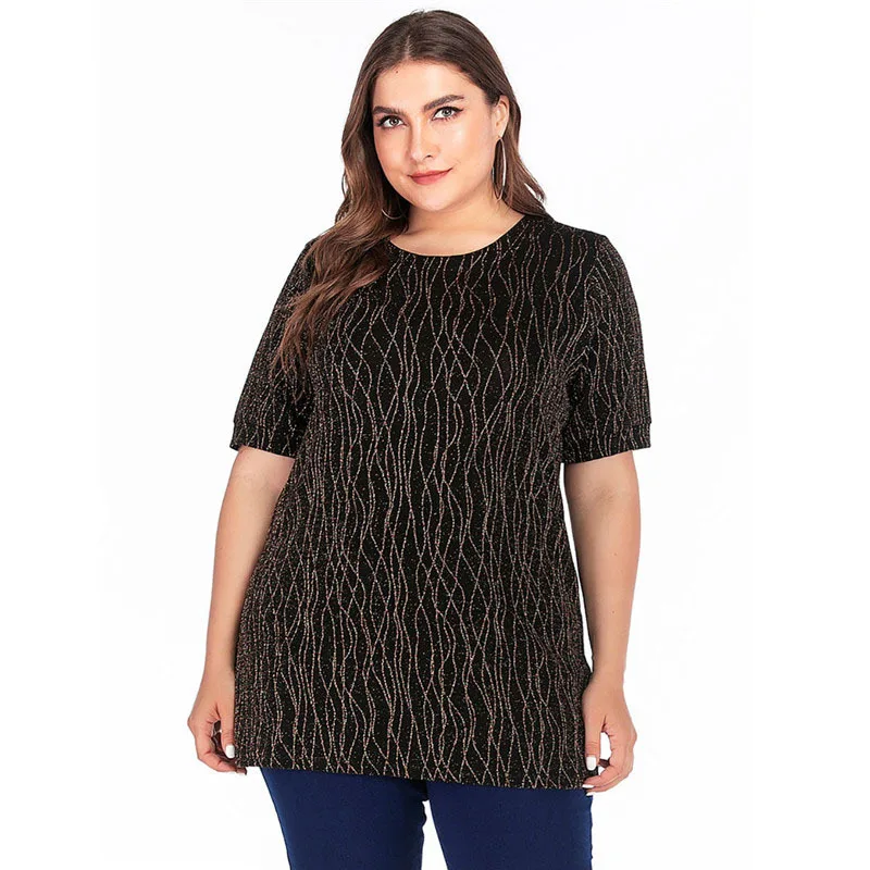

Europe And America Large Size T-shirt 2019 Summer Fashion Crew Neck Short-sleeved Top Liangsi Sequin Loose And Plus-sized WOMEN'