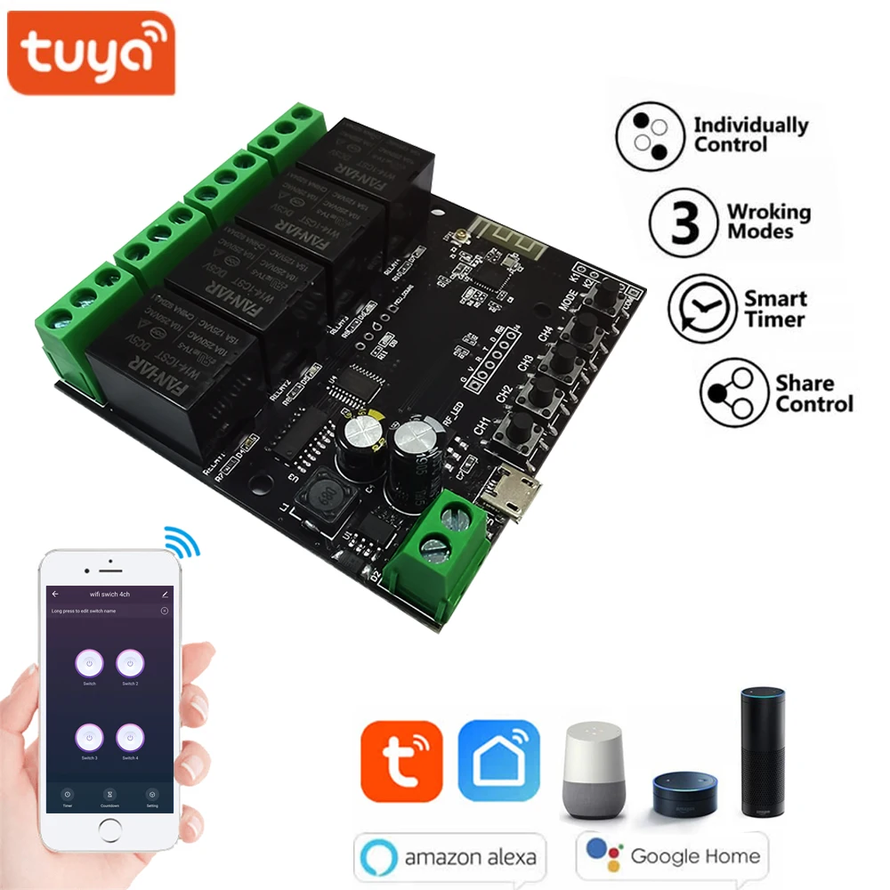 4 канальный переключатель Tuya модуль WiFi беспроводное реле приложение Smart life