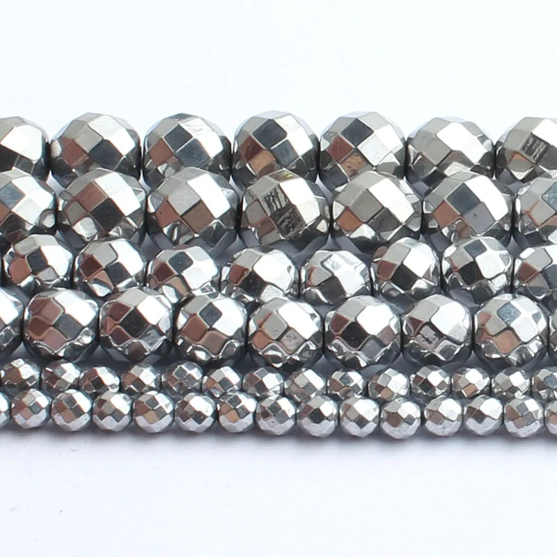 

2/3/4/6/8/10mm Natural Silver-Plated Faceted Hematite Stone Beads Round loose Spacer Beads For Jewellery Making Bracelet 15 inch