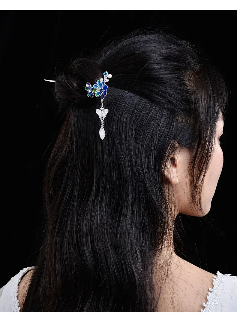 925 Sterling Silver Hair Sticks Blue Enamel Flower Hair Accessory for Women Wedding Pearl Butterfly Tassel Handmade Bridal Tiara