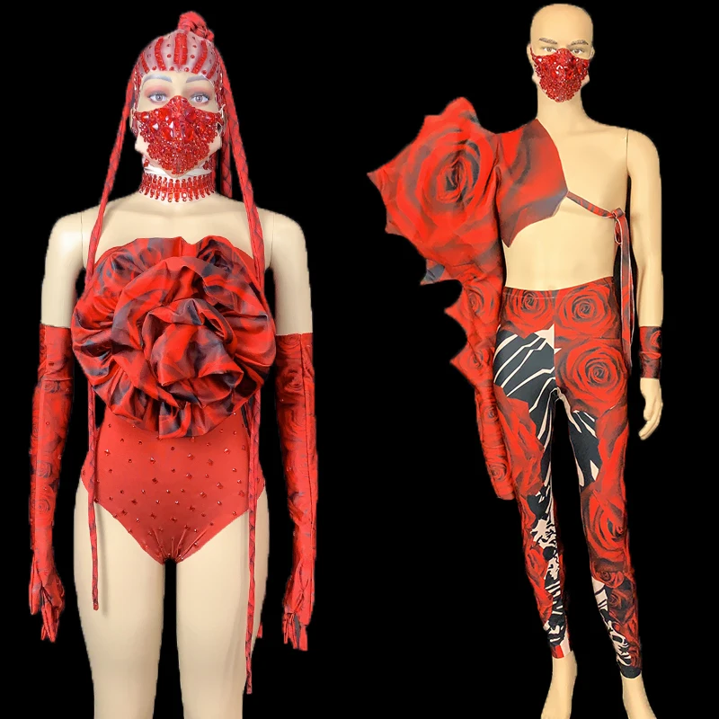 

Valentine's Day Party Show Men Women Dance Costume Red Rose Flower Crystals Bodysuit Nightclub Bar DJ Dancer Stage Wear DNV13594