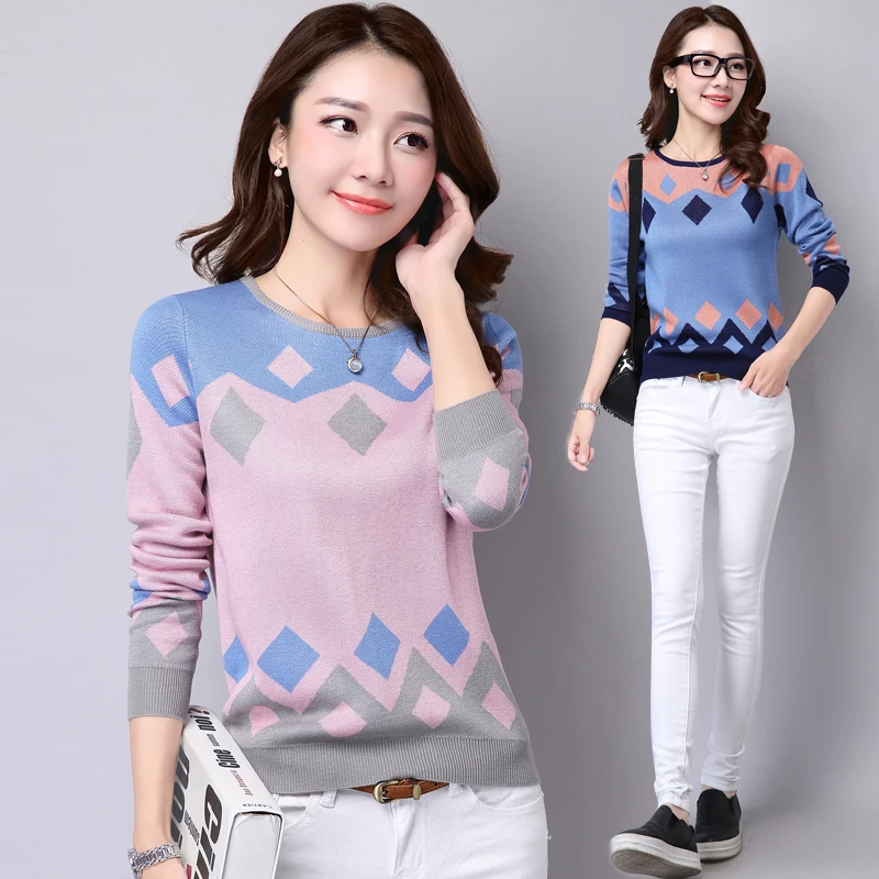 S-3XL Autumn Winter Women Student Korean Sweater Geometric Pattern Knitted Pullover Thick Long Sleeve Casual Tops 61761 | Женская одежда
