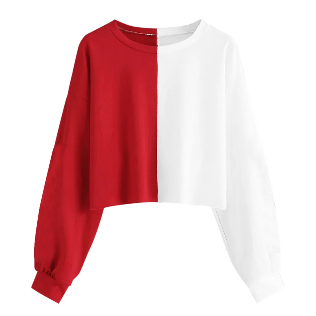Black and White Stitching Cropped Womens Solid Long Sleeve Splice Sweatshirt Short Pullover Hooded Women Tops Streetwear 2