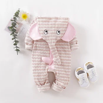 

Newborn Clothes Unisex Baby Boy Girl Winter Cute Striped Print Elephant Design Hoodie Romper Casual Long Sleeve Clothes