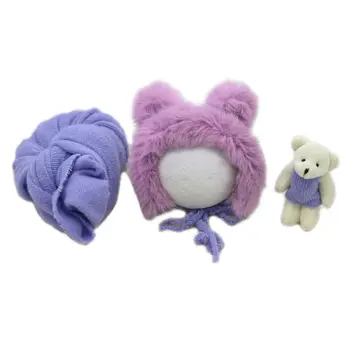 

3 Pcs/set Newborn Photography Props Fluffy Stretch Knit Wrap with Hat Bear Toy