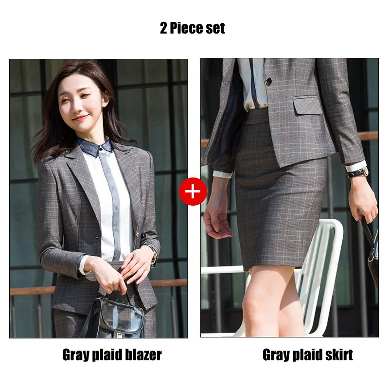 Gray skirt suits Элегантные клетчатые брюки костюмы для женщин костюм femme комплект из 2 предметов блейзер с брюками женские костюмы бизнес Femme рабочая одежда плюс размер - Цвет: Gray skirt suits