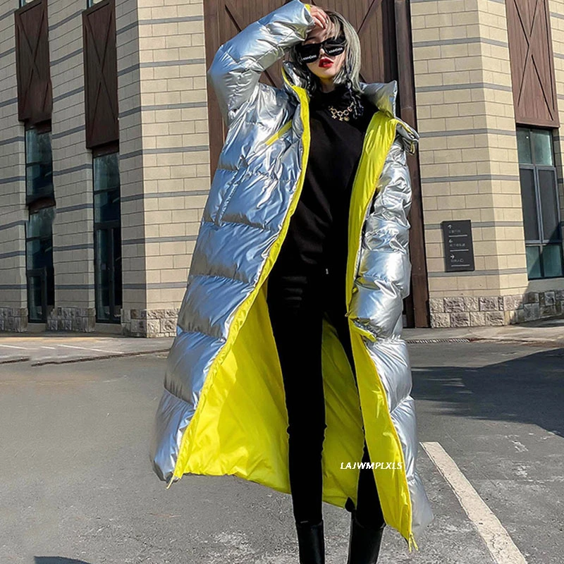 

Блестящий серебристый/черный зимний женский пуховик Длинная модная черная Свободная Женская парка с капюшоном теплая женская зимняя куртка YRF298