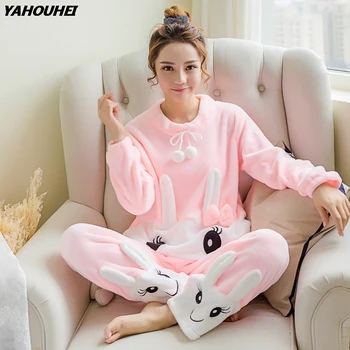 

2019 Autumn Winter Thick Warm Flannel Pajama Sets For Women Long Sleeve Coral Velvet Pyjama Cute Girl Cartoon Sleepwear Homewear