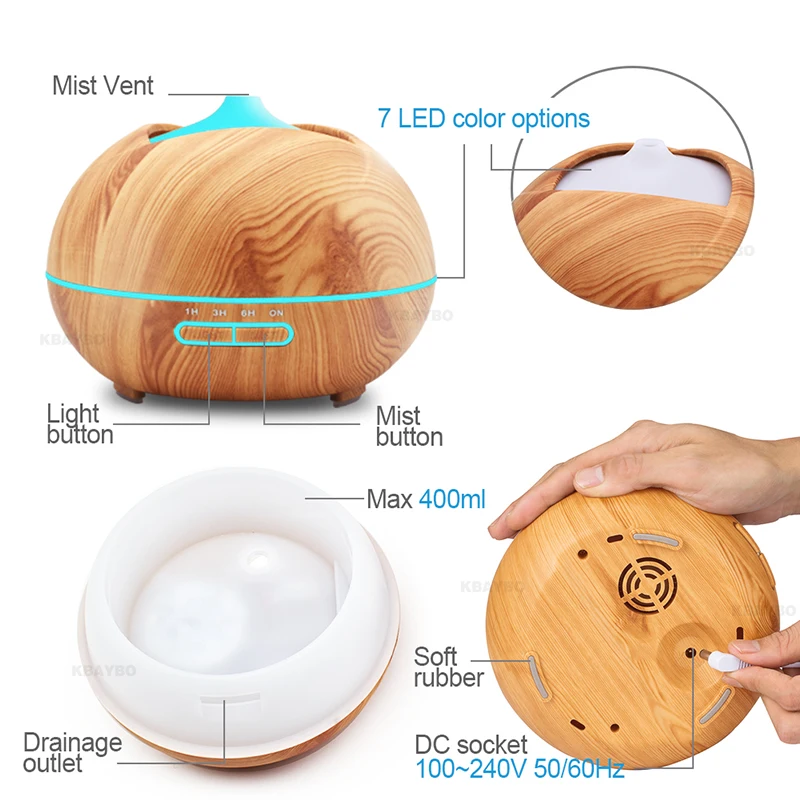 KBAYBO 400ML Wood grain air humidifier ultrasonic electric aromatherapy essential oil purification diffuser with LED light