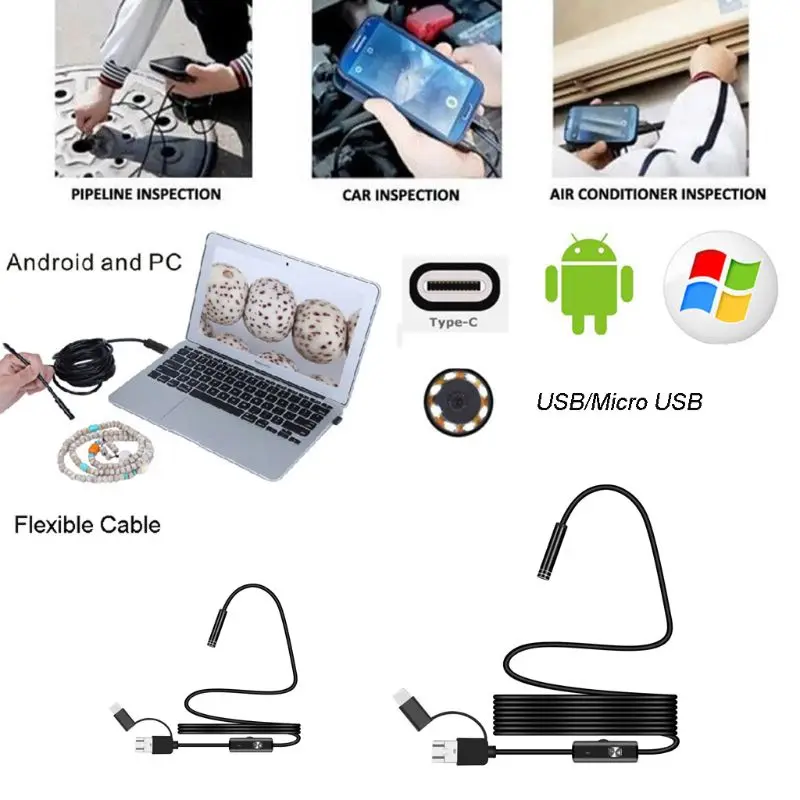 Гибкий 3 в 1 5,5 мм USB Micro usb type C водонепроницаемый промышленный эндоскоп змеиная камера инспекционный бороскоп для samsung