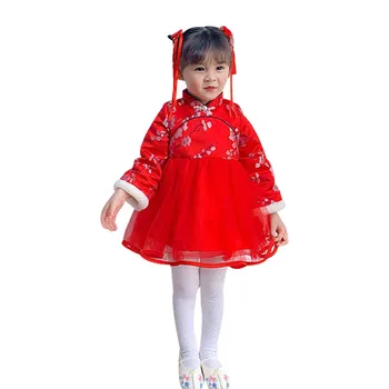 

Toddler Girls New Year Clothes Kids Autumn Winter Chinese Style Retro Lace Princess Dress Girls Plush Long Sleeve Cheongsam