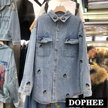 

Spring 2020 New Women's Loose Denim Shirts Fashion All-around Embroidery Donald Duck Cartoon Cowboy Shirt Students Blouses Jeans