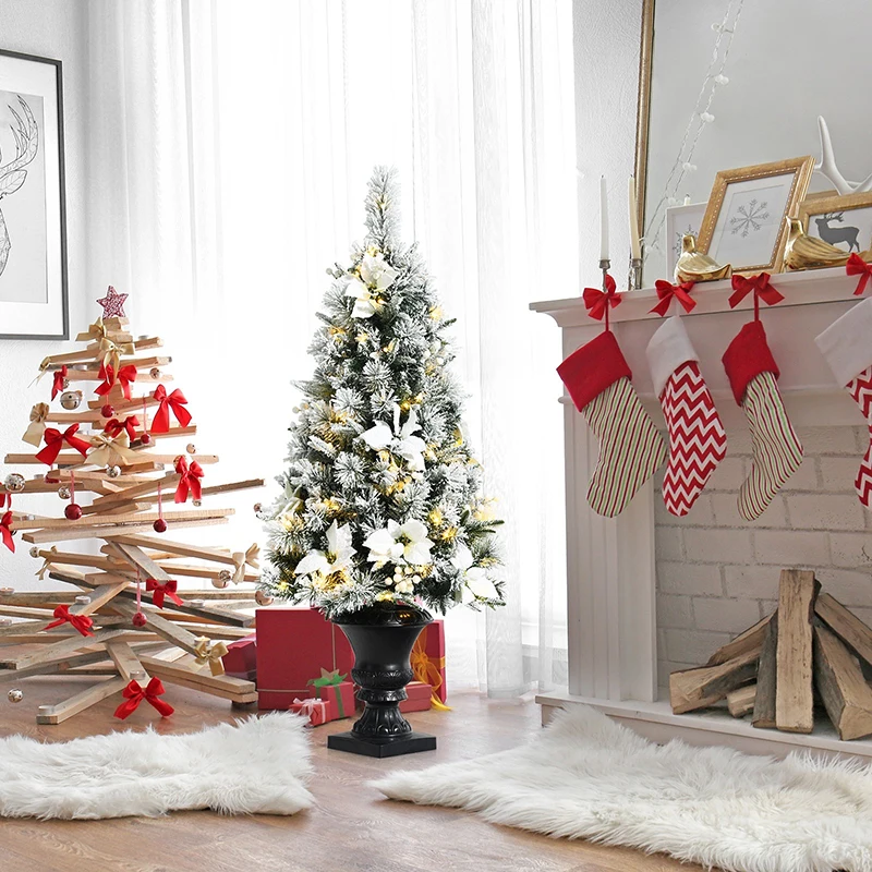 

4 Feet Pre-lit Snowy Christmas Entrance Tree Warm White LED Lights Classic White Berries Flowers Stable Base Christmas Tree