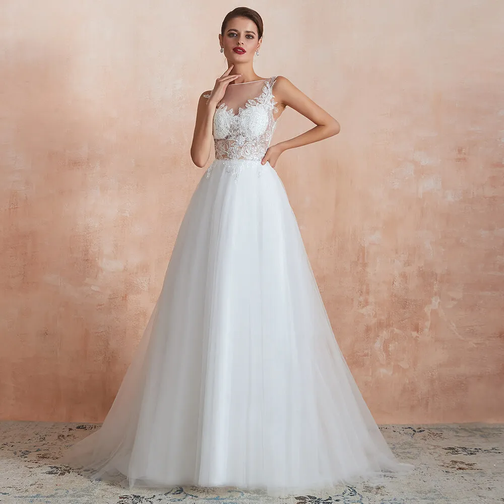 Vestido De Novia Сексуальная Иллюзия ТРАПЕЦИЕВИДНОЕ свадебное платье Очаровательная с вырезом «лодочка кружевные свадебные платья на пуговицах сзади платье невесты из тюля