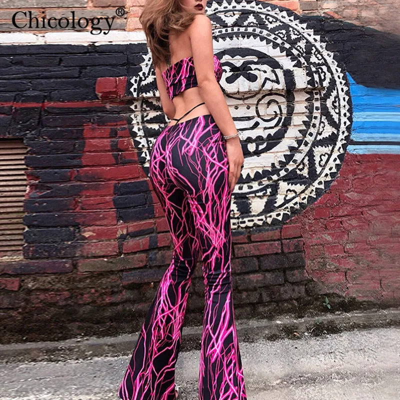  Chicology lightning print boob tube crop top flare pants 2019 summer 2 two piece matching co ord se