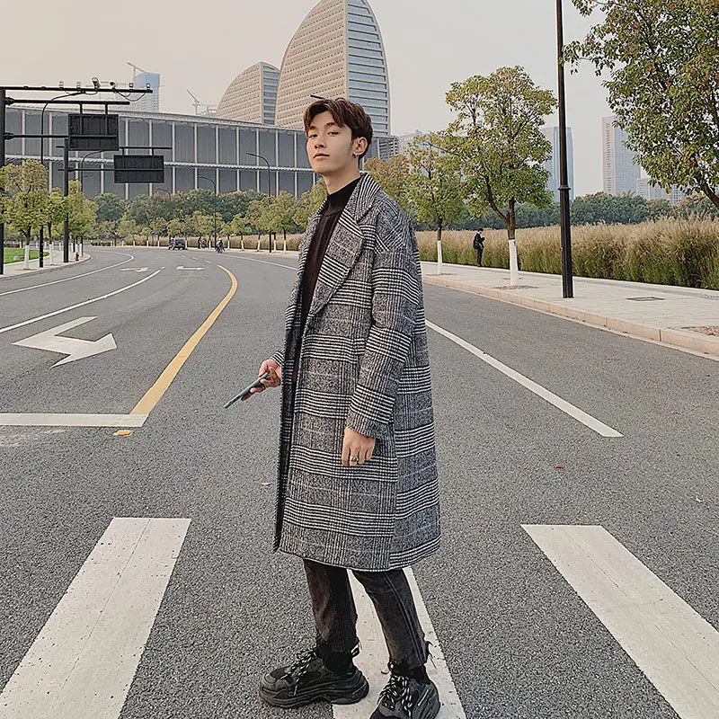 

Winter Thick Plaid Woolen Coat Men's Fashion Retro Casual Woolen Jacket Men Overcoat Streetwear Loose Korean Long Coat Mens