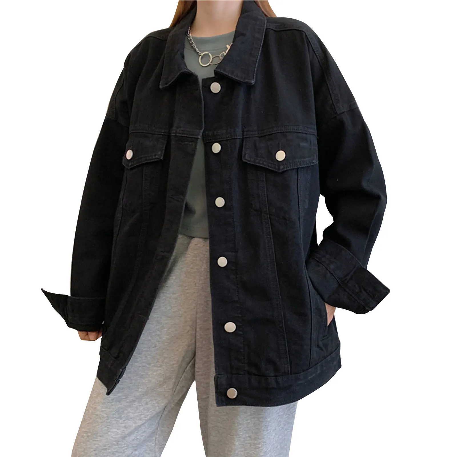 

Medium Length Denim BF Lovers Hong Kong Flavor Black Large Denim Coat Women's Loose Oversize Top Fat Mm Fashion