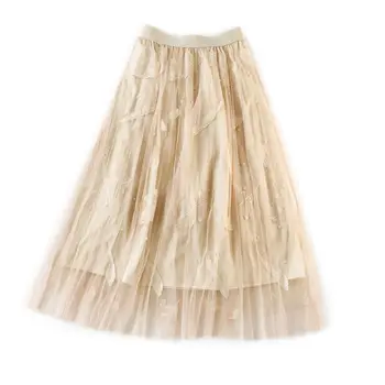 

Ladies High Waist Multi Layer Mesh Pleated Maxi Long Skirt Plain Solid Color Beaded Feather Embroidered Fancy Beach Party Dress