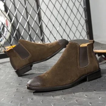 

movechain Fashion Men's Genuine Leather High-top Shoes Mens Suede Leather Chelsea Boots Men Ankle Boots Flats